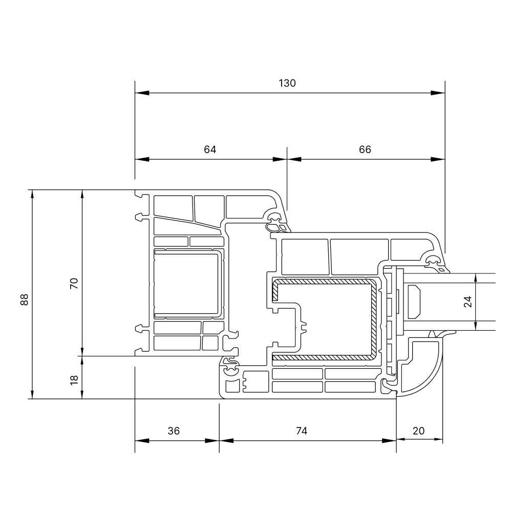 Horizontal view – frame and sash