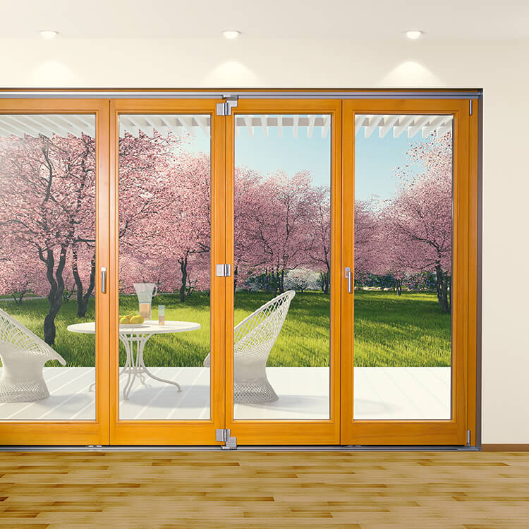 View through the closed folding sliding door made from wood and aluminium