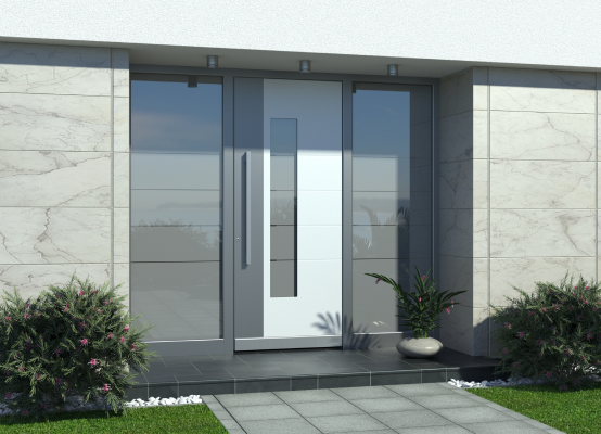 Front door with frosted side panels