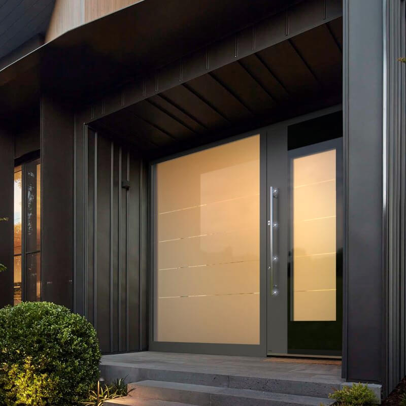 Nanaimo front door with a central glazed insert and ornamental glass side panels