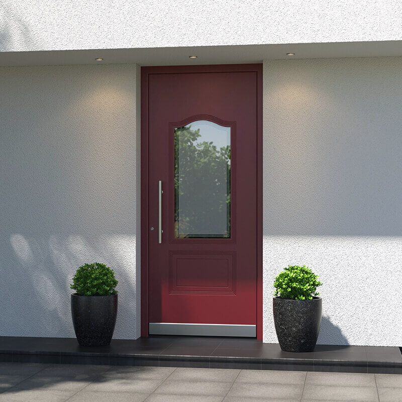 Rustic red Cardiff front door with glass insert