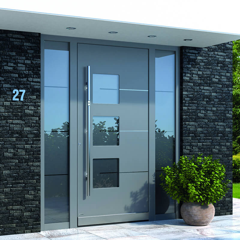Modern front door with glass and side panels