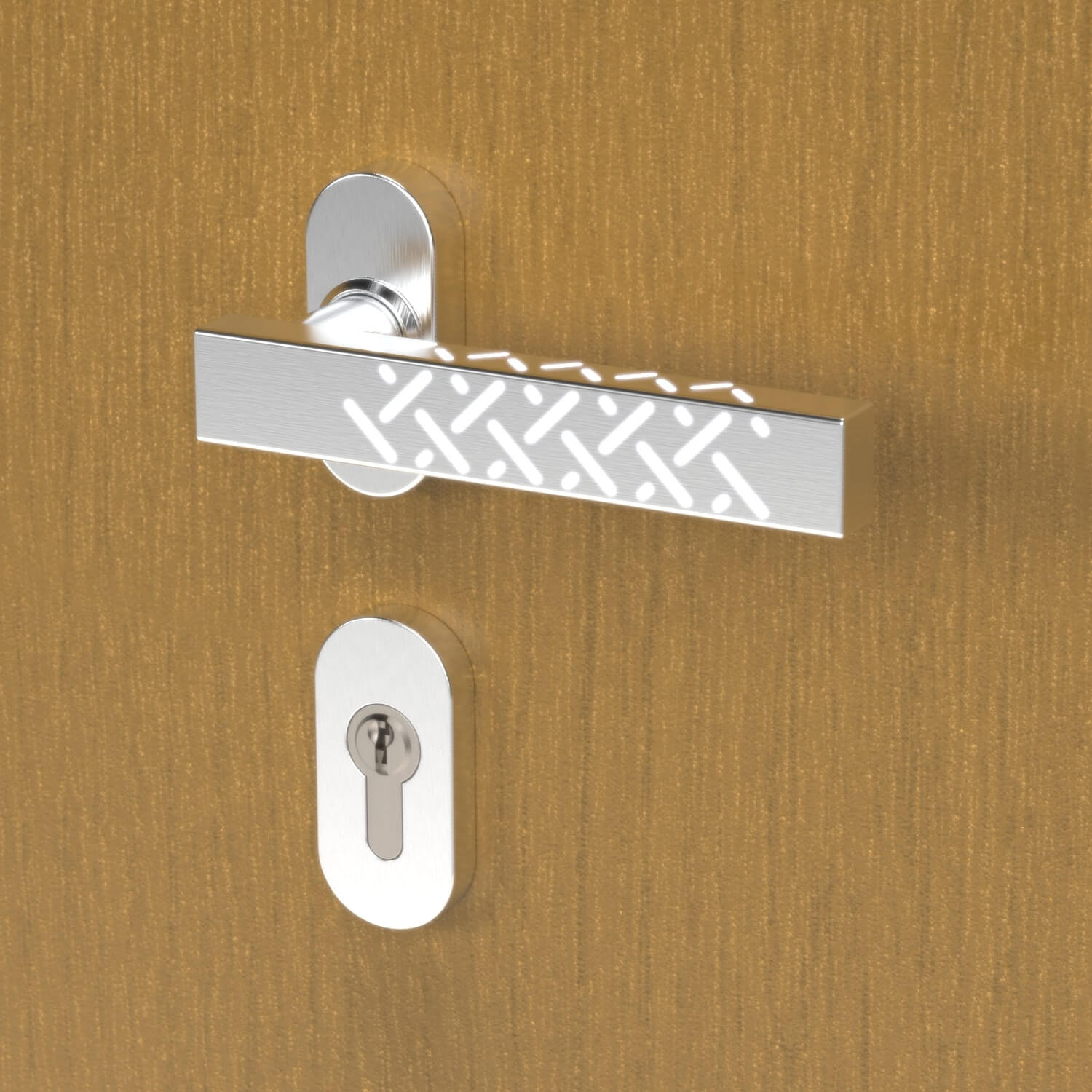 Wooden front door interior handle, angular design, made of stainless steel
