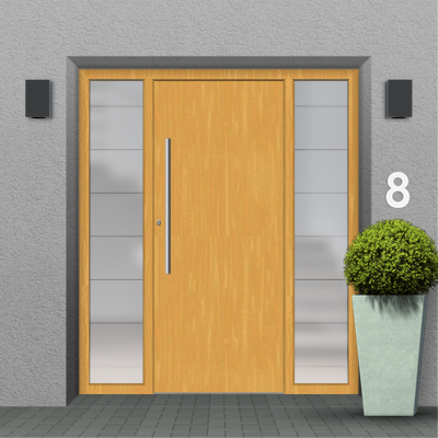 Wooden front door with two sidelights