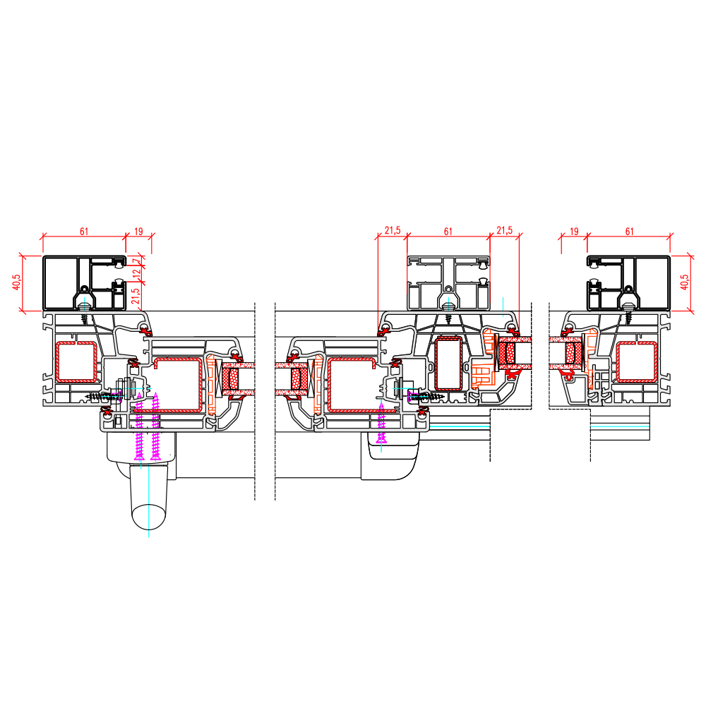 IDEAL 4000 - horizontal cross-section of door sash and panel with guide rails for top-mounted roller shutters