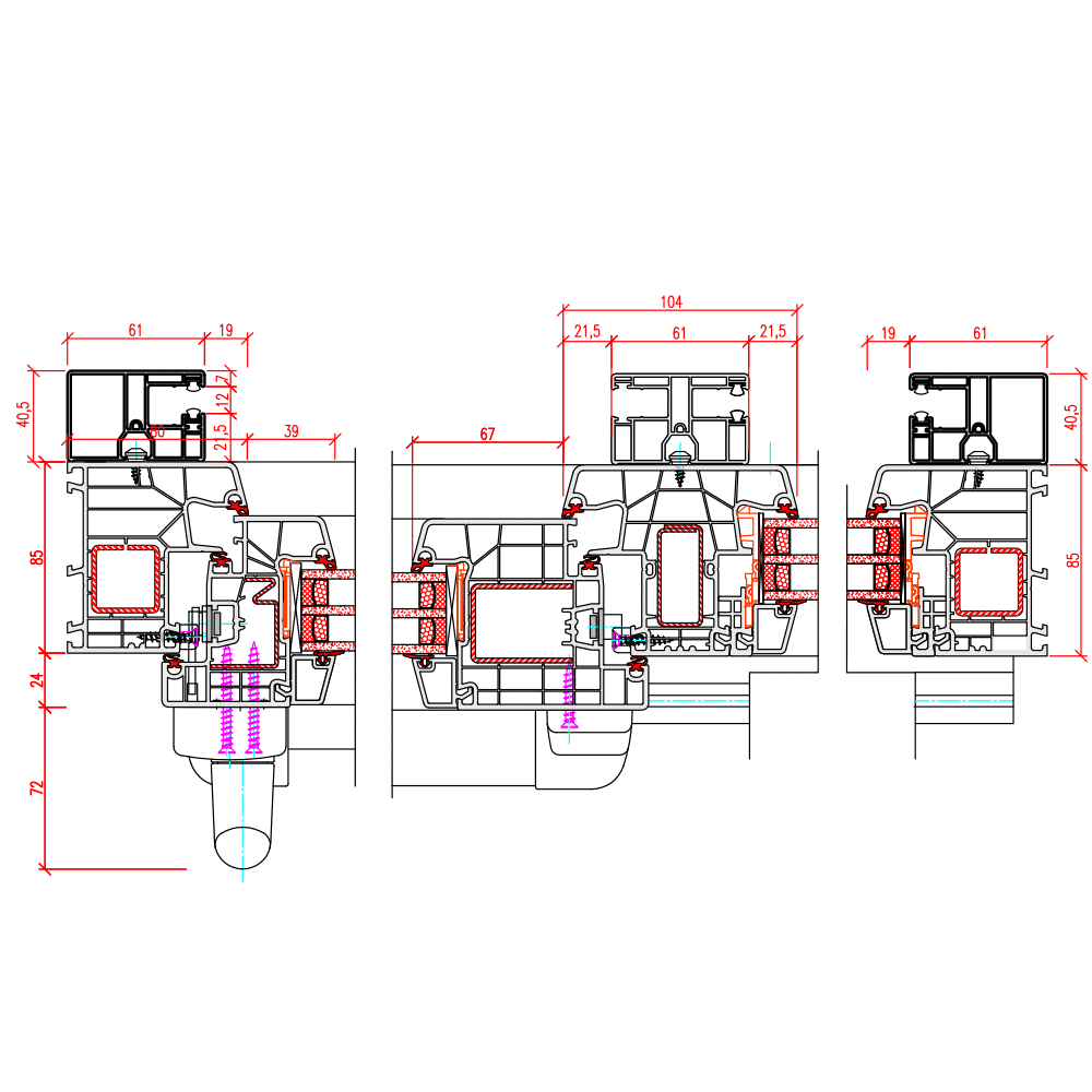IDEAL 8000 - horizontal cross-section of door sash and panel with guide rails for top-mounted roller shutters