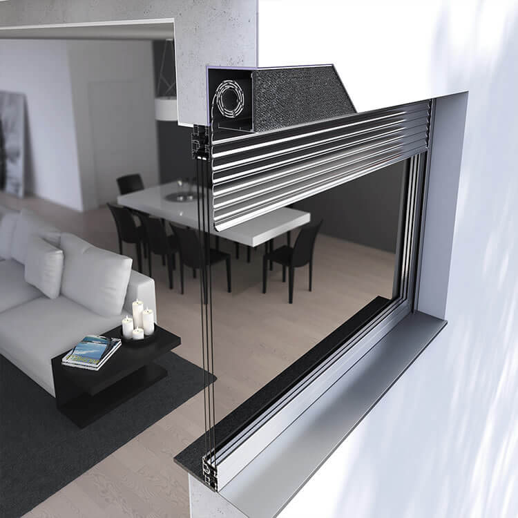 Flush-mounted roller shutter box in cross section