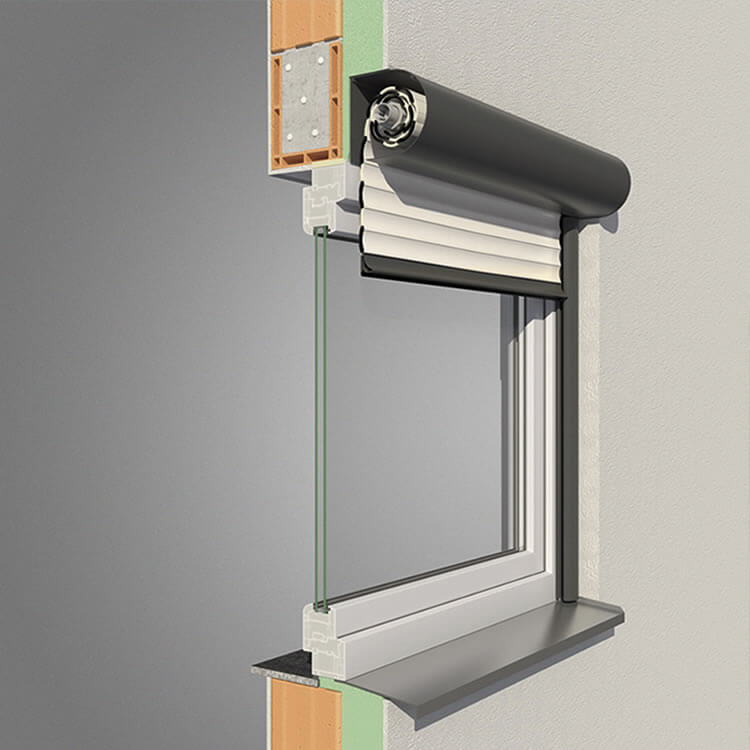 Front mounted roller shutter with a cross-section of the shell in anthracite