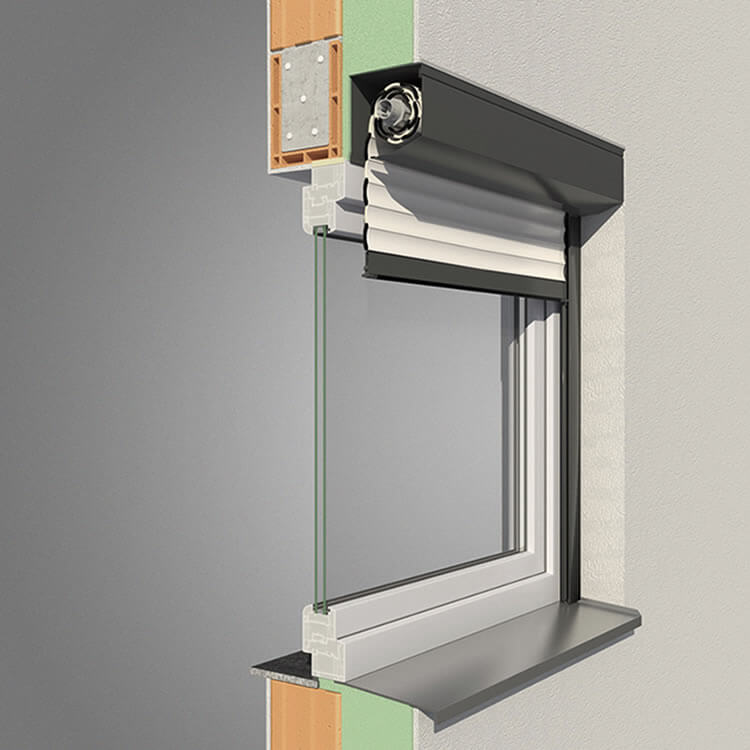 Front mounted roller shutters in a detailed cross-section