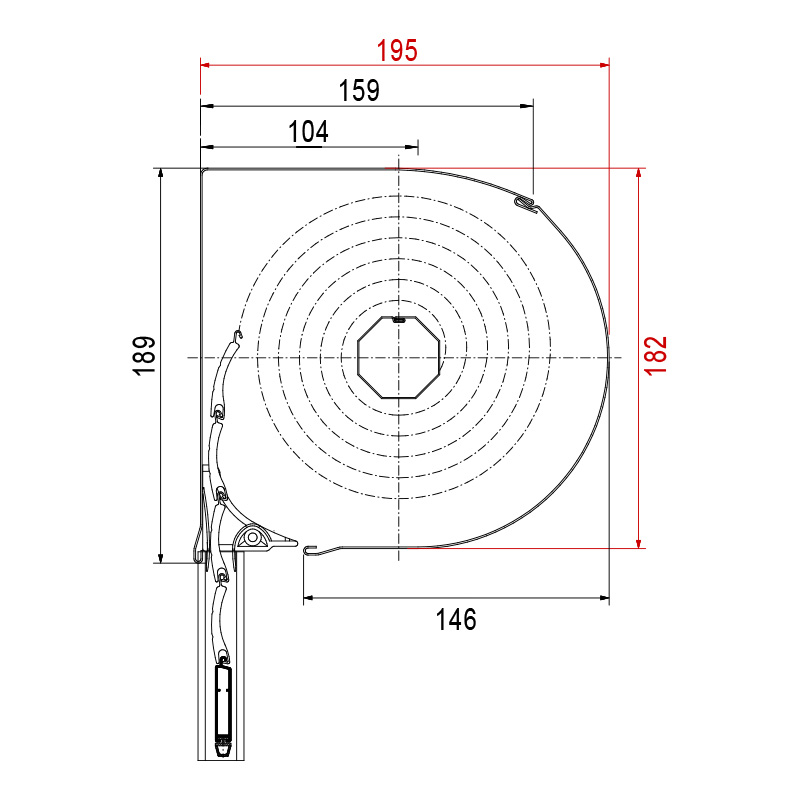 Round front mounted roller shutter, dimensions 182 x 195
