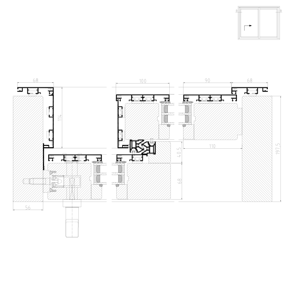 Plano - scheme A vertical section of sliding sash 