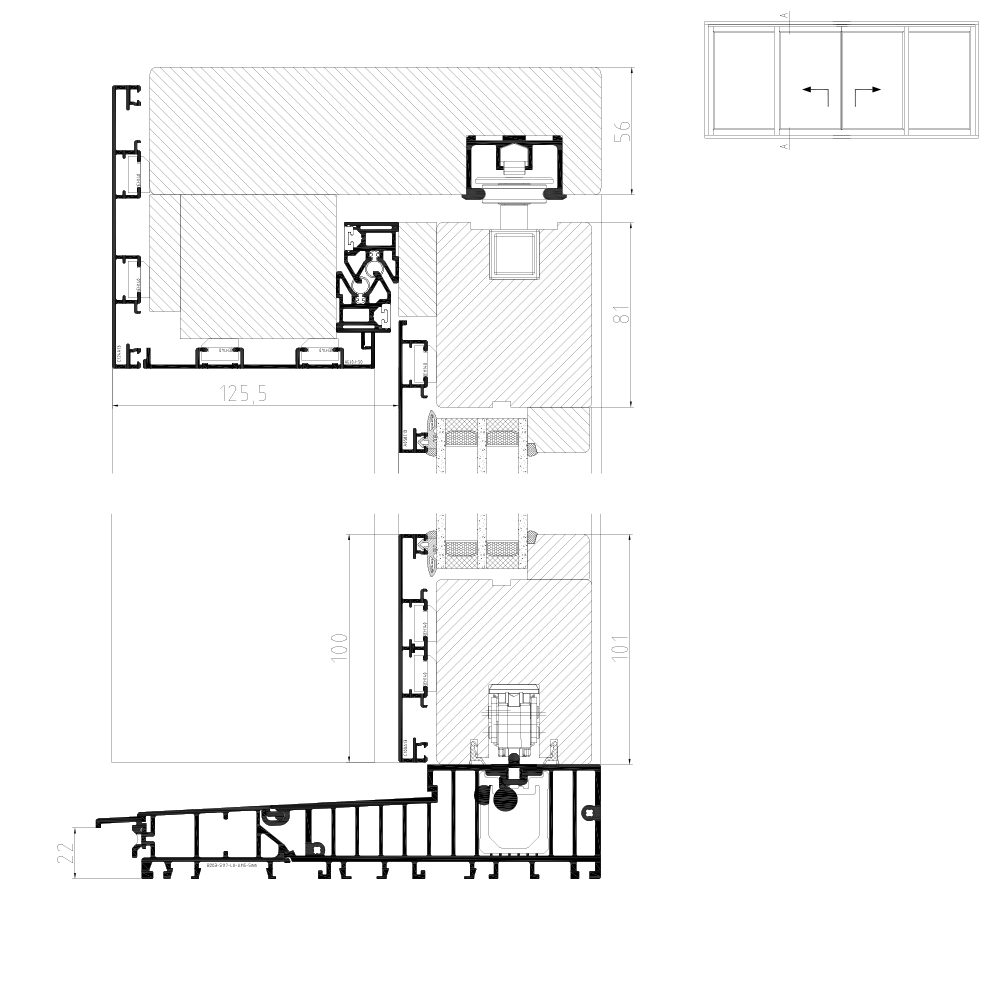 Plano - scheme C vertical section of sliding sash 