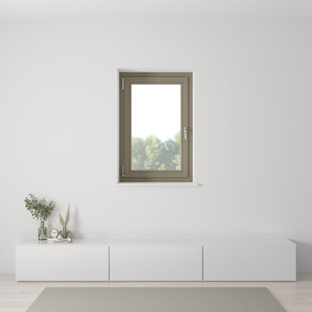 Installed wooden window in Olive Grey (RAL 7002) from the inside