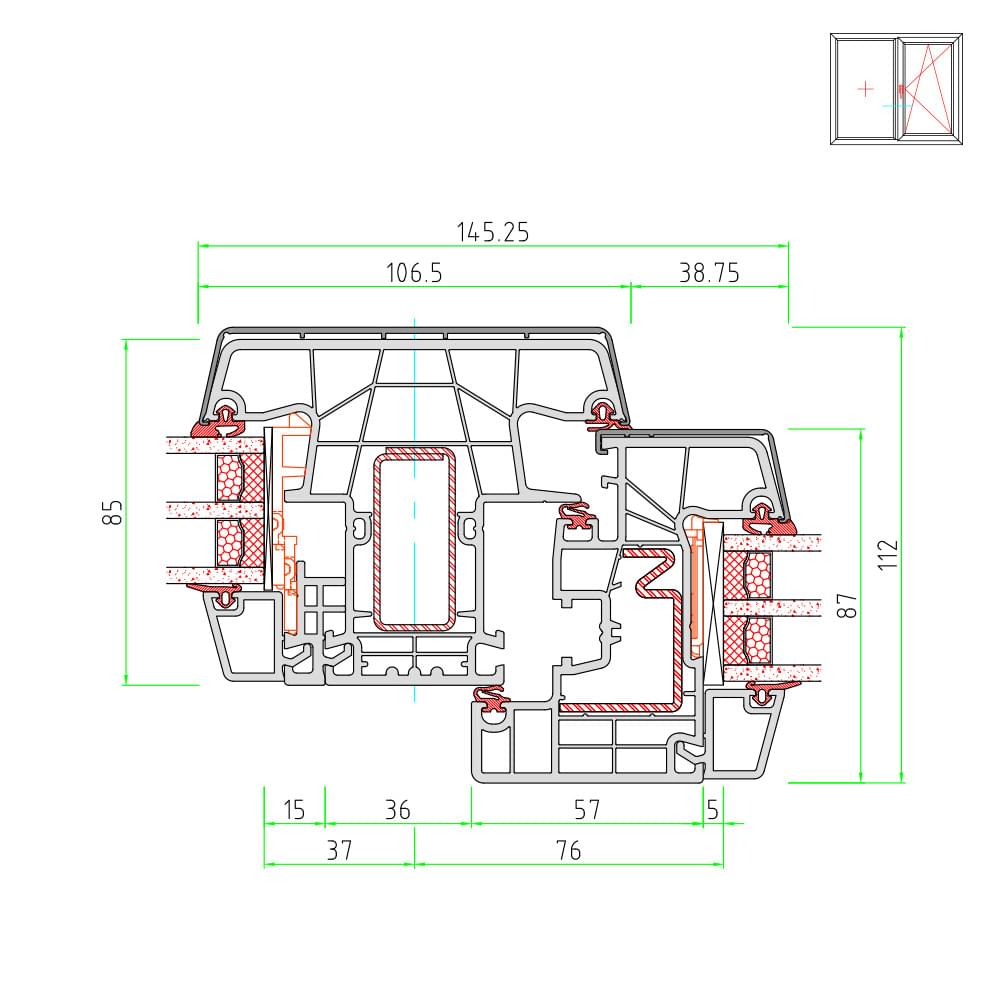 Twinset 8000 - central mullion with one fixed glazed sash and one openable sash