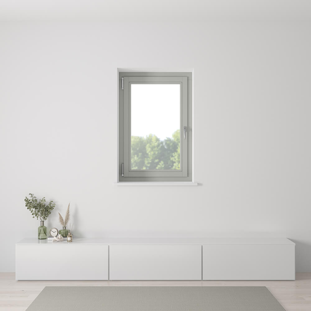Installed wooden window in Agate Grey (RAL 7038) from the inside