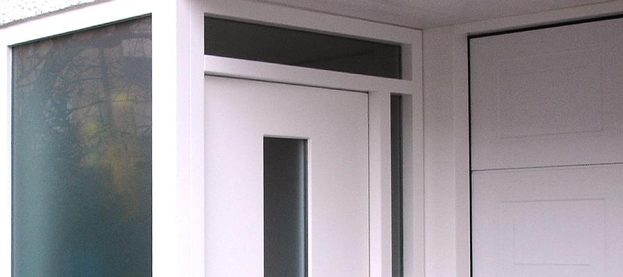 Front door with glass insert and transom light